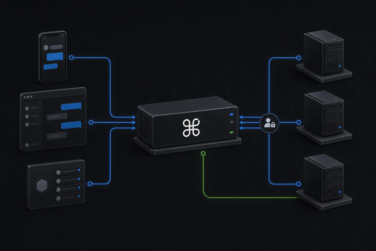 Three chat channels share one secured CMDOP relay and continue the same conversation with a machine fleet