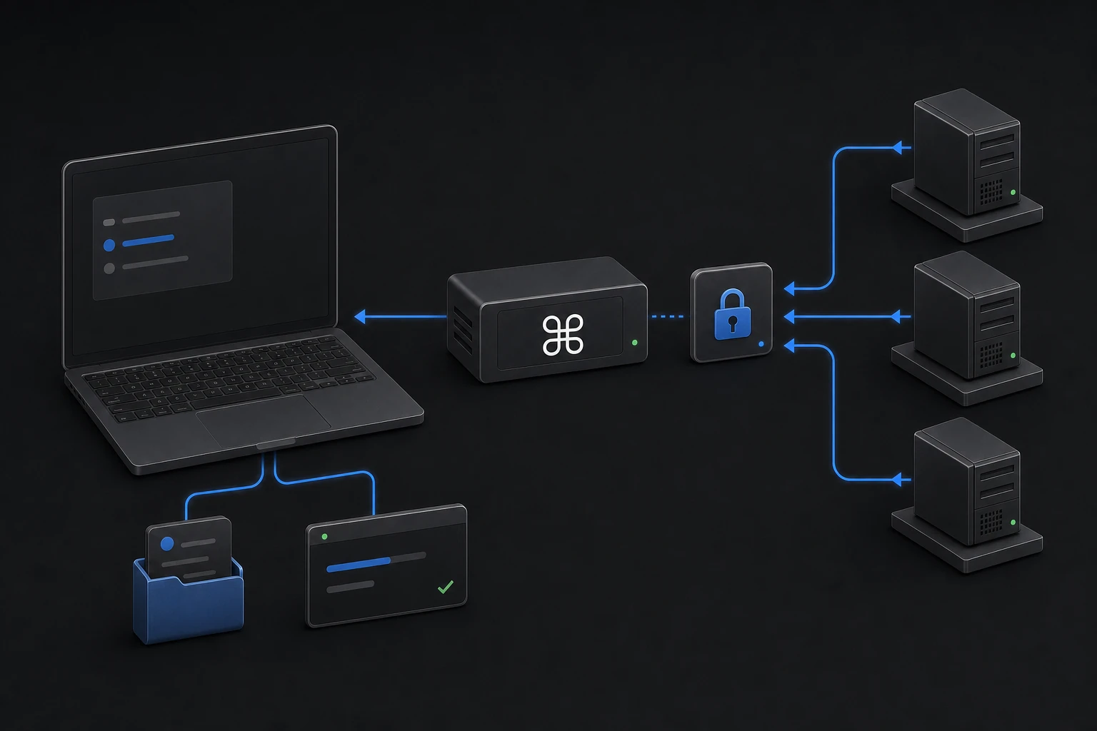 A live terminal reaches three machines through outbound-only connections and one secured CMDOP relay