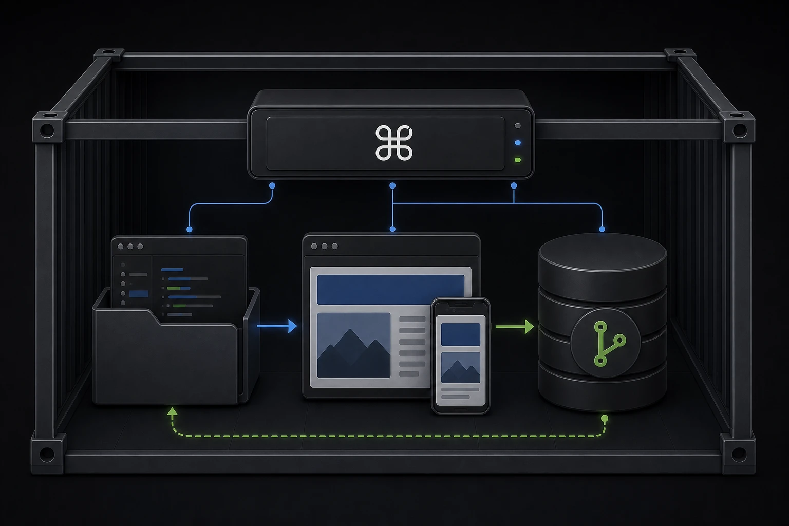Inside the Docker workspace, an editable code folder flows into a responsive live preview and then into Git history