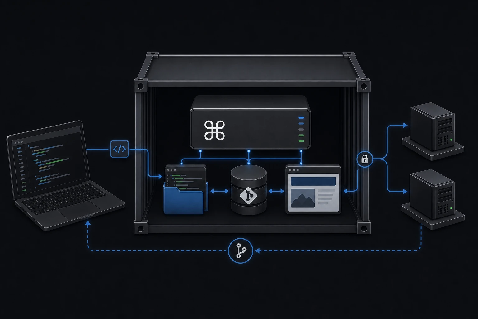 A Docker workspace contains the CMDOP relay, writable code, live preview and Git history while remote machines connect outbound