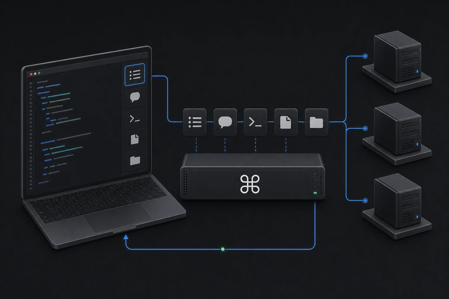 A coding agent uses five MCP tools through CMDOP to operate three remote machines and receive results