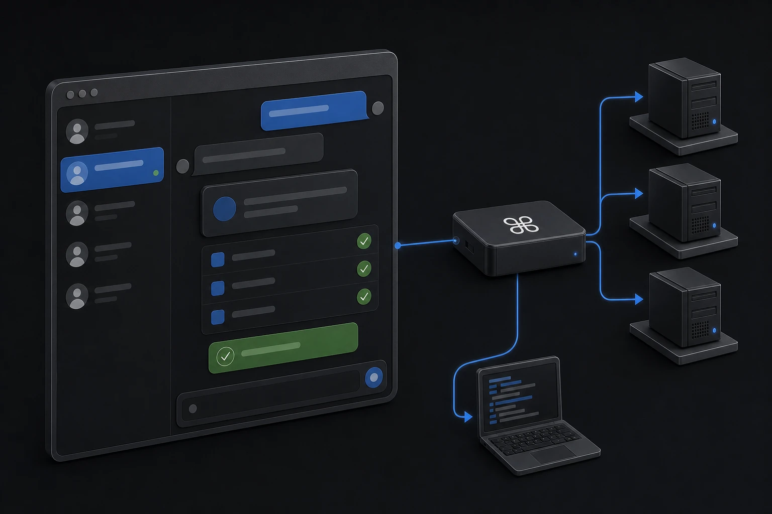 One CMDOP conversation sends work through the relay to three machines and returns completed results to the same chat
