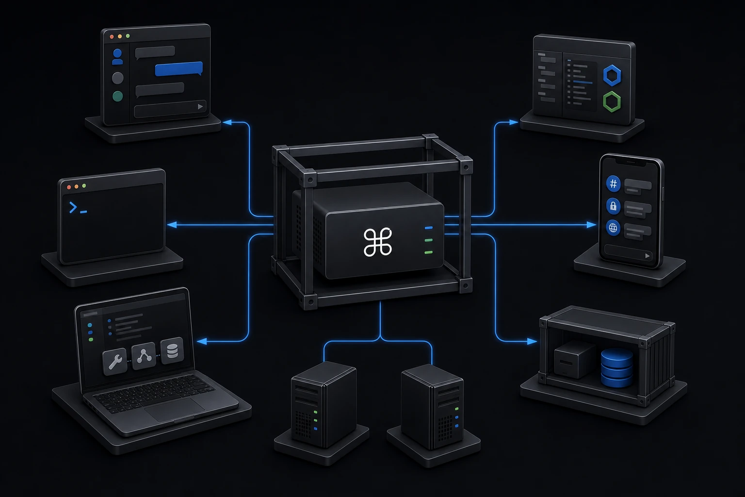 One CMDOP relay connects messenger, terminal, coding-agent tools, SDKs, bots and a Docker workspace to the same machine fleet