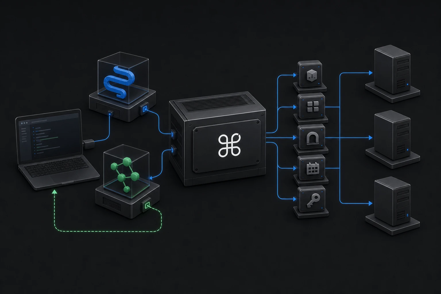 Two typed language clients connect through the CMDOP SDK core to fleet capabilities and remote machines