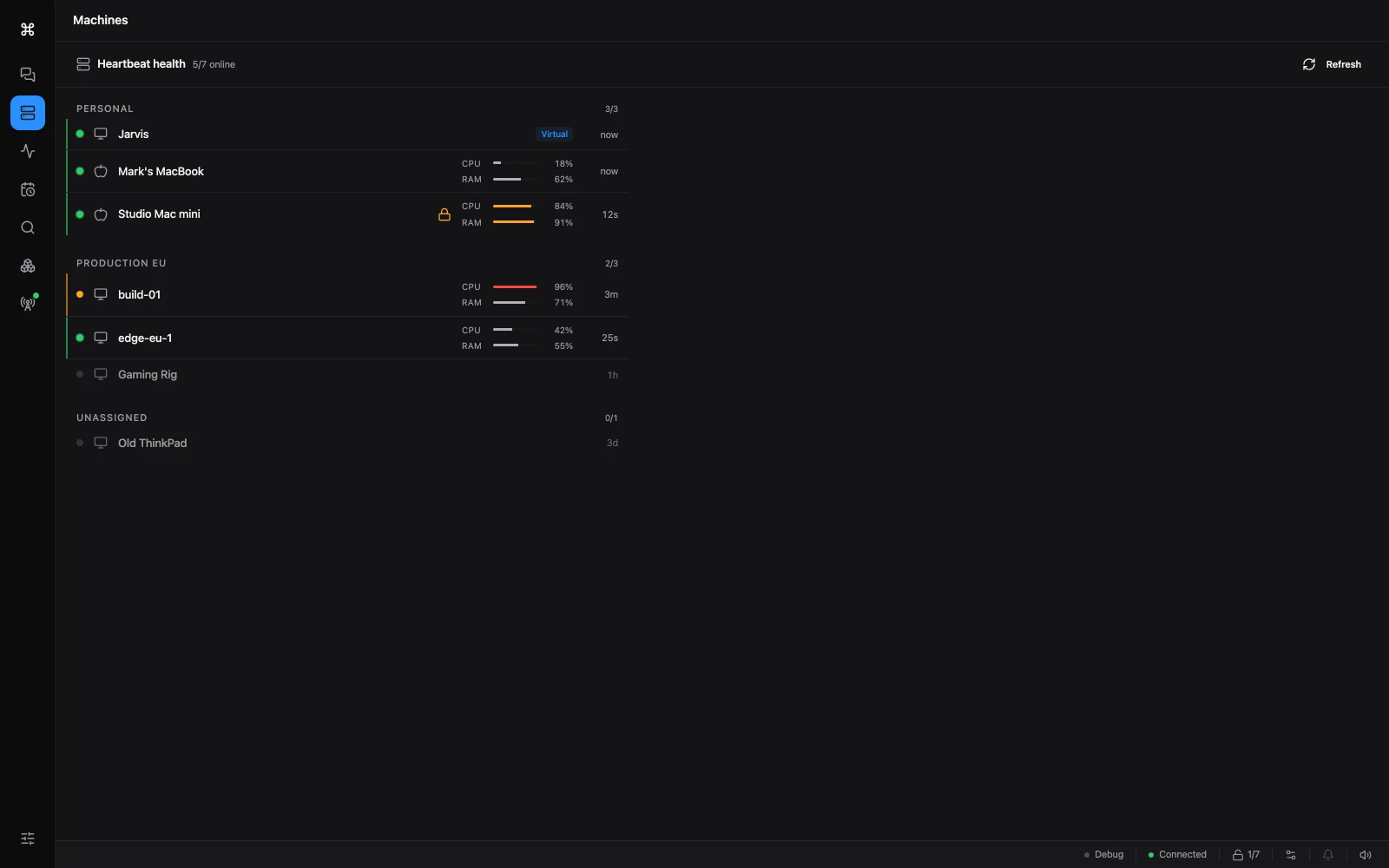 The fleet coordinator watches every machine's live CPU/RAM health