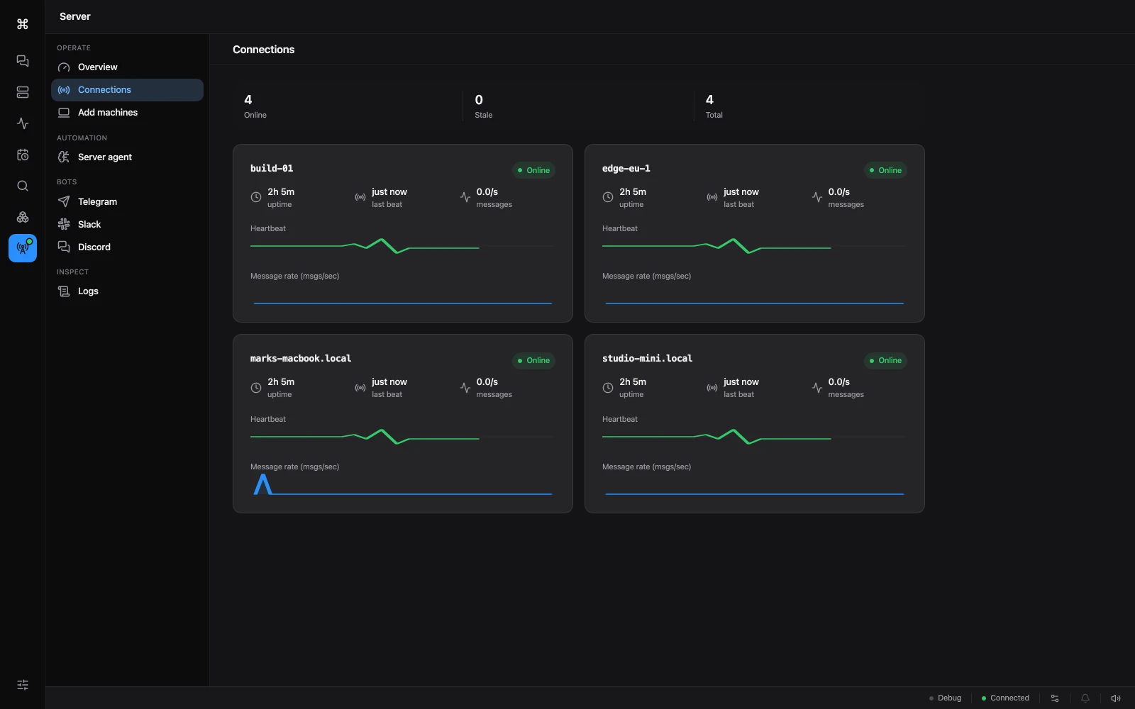 cmdop server connections — every machine dialing in, with presence and heartbeats