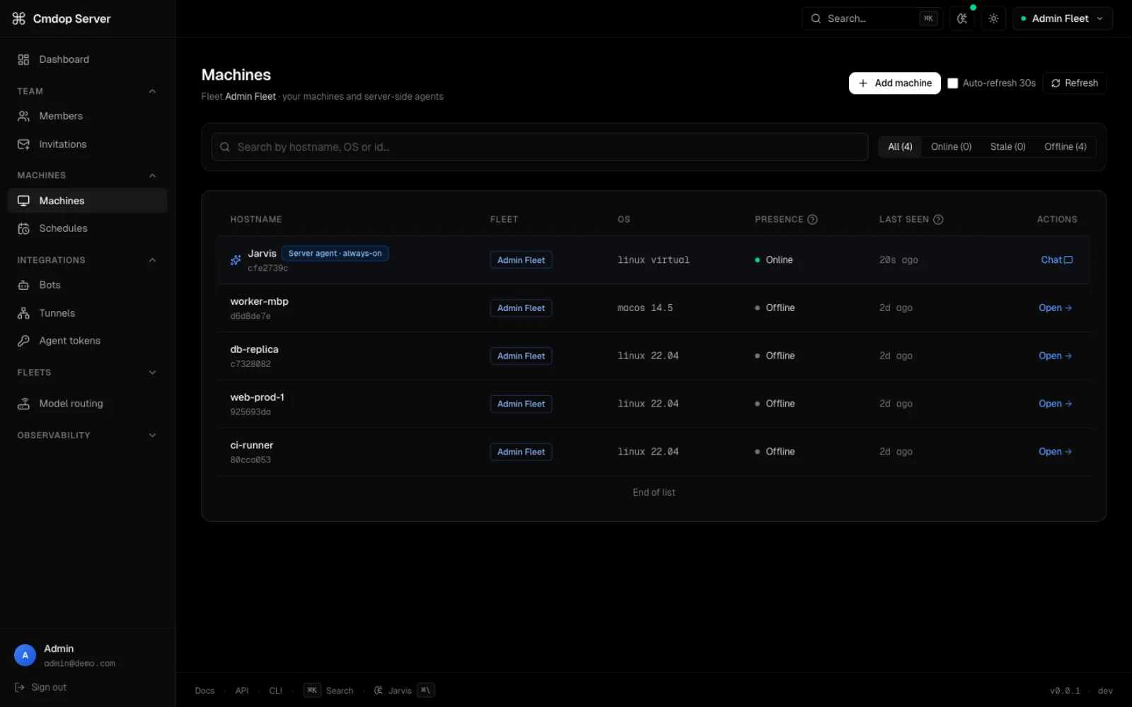 cmdop server machines — the fleet as a table with Jarvis as an always-on server agent, presence and OS