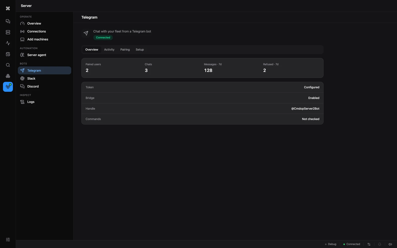 cmdop server bots — the Telegram bridge connected, with paired users, chats and message counts; Slack and Discord alongside