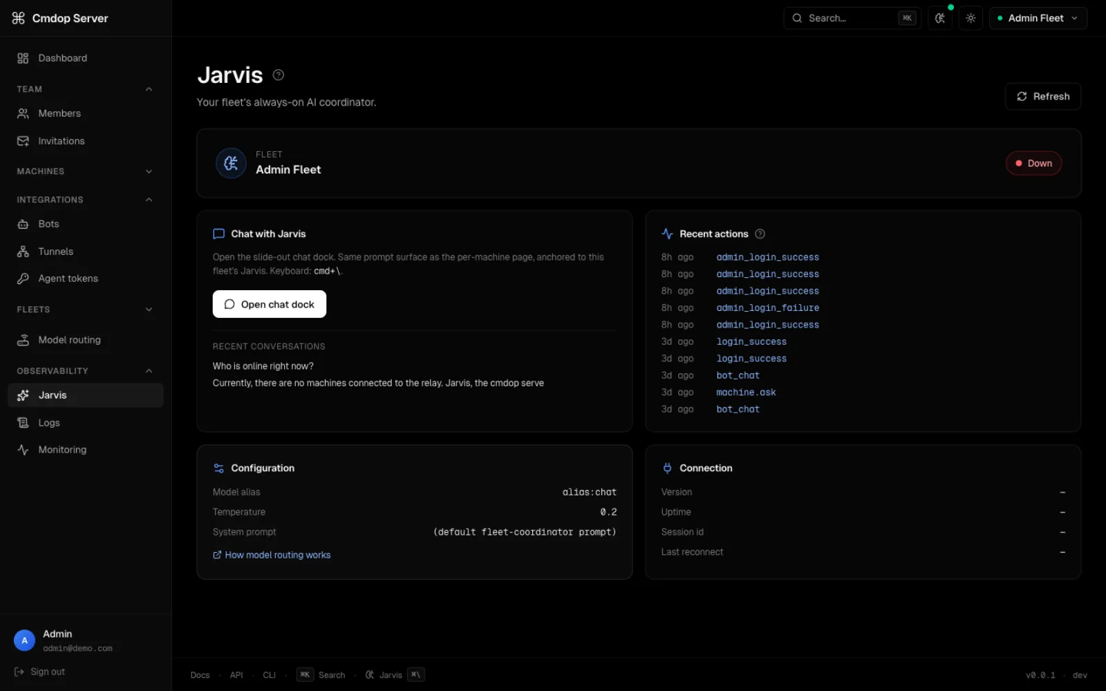 cmdop server Jarvis — the server-side fleet coordinator agent that joins the relay as a virtual machine