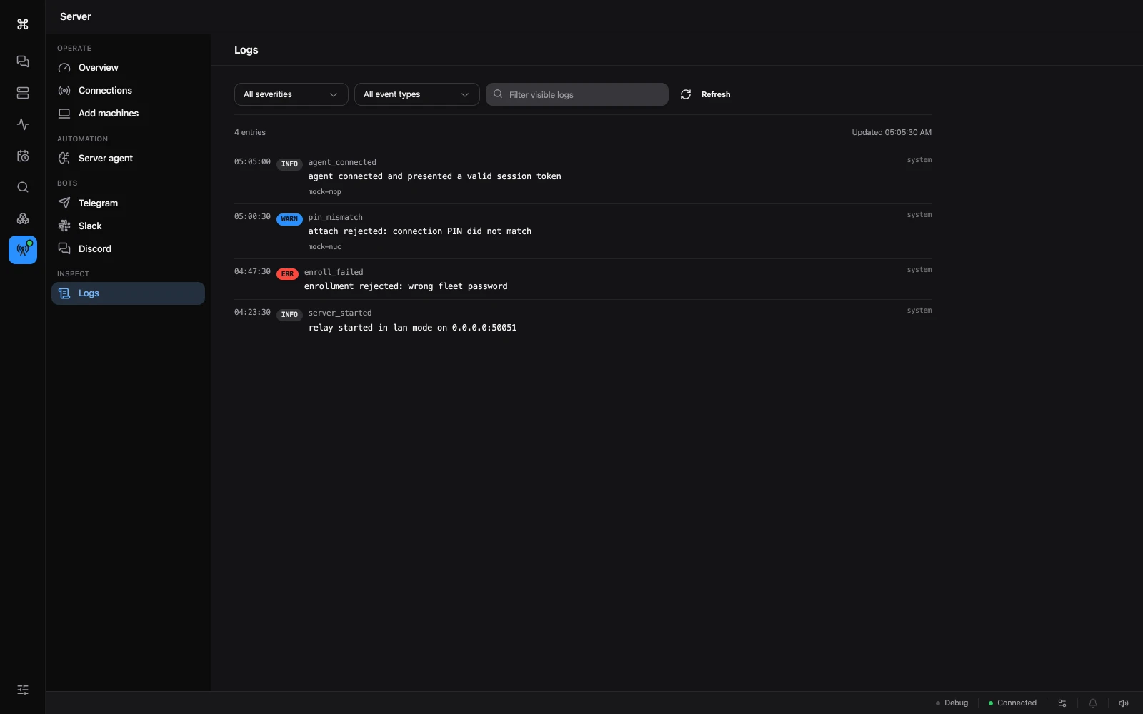 cmdop server logs — the relay's live log stream