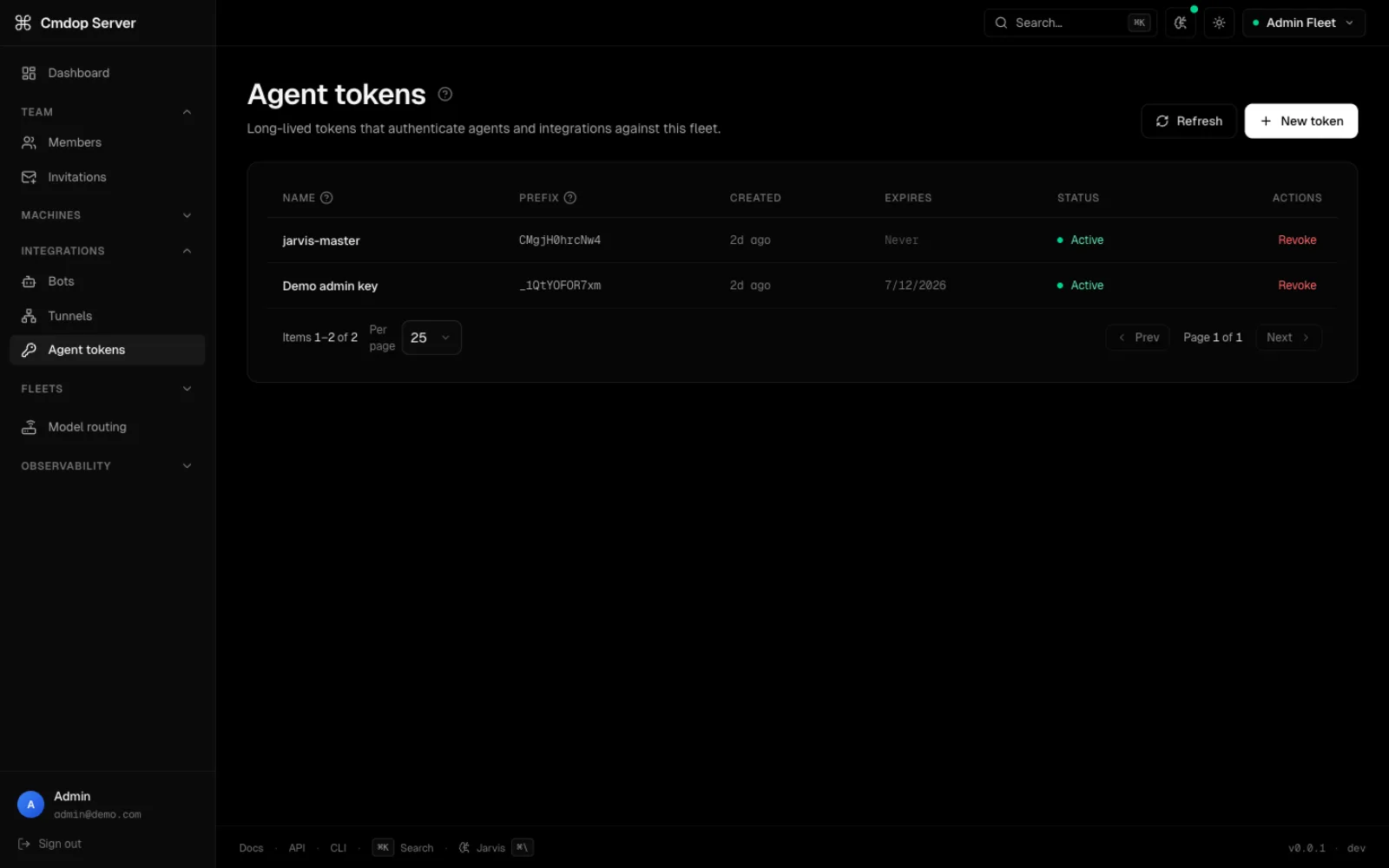 cmdop server agent tokens — issue and revoke the relay CLI tokens machines connect with